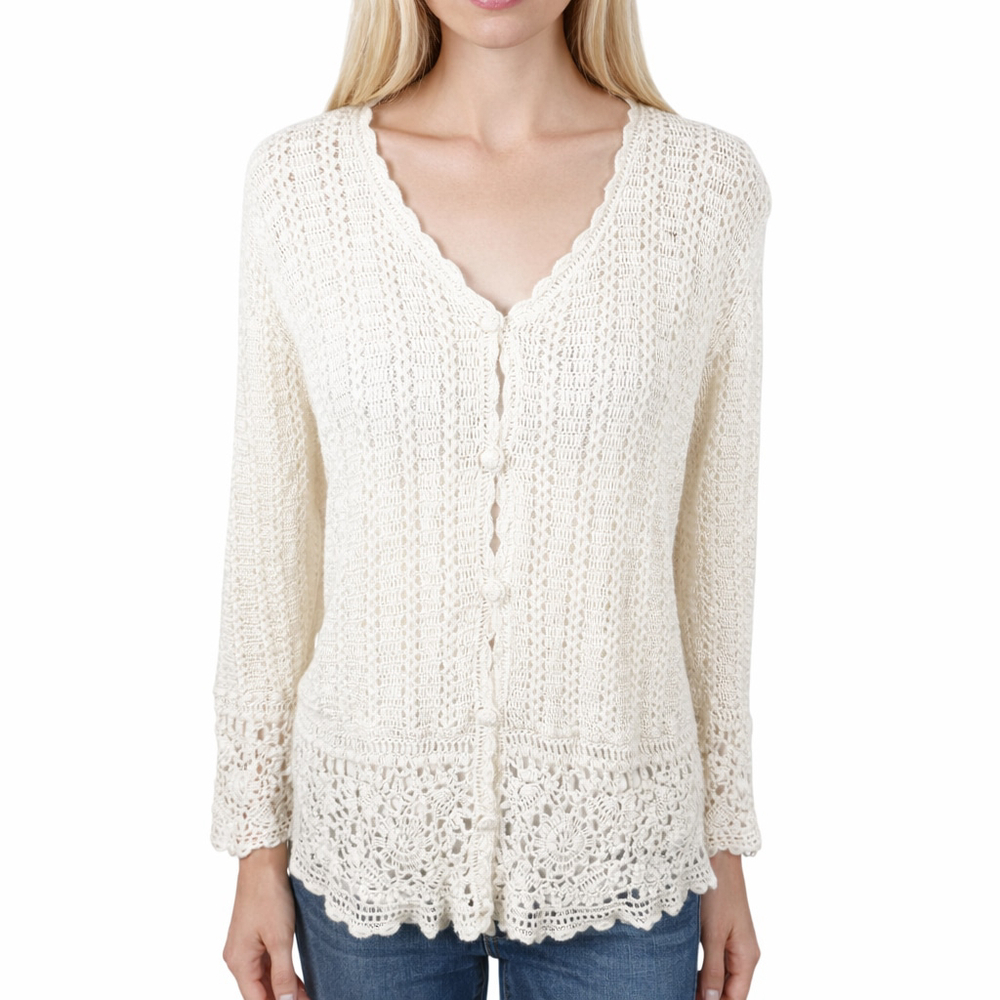 Celina Yang Ivory Crochet Button Cardigan Sweater Open Knit Cottage Size M VTG